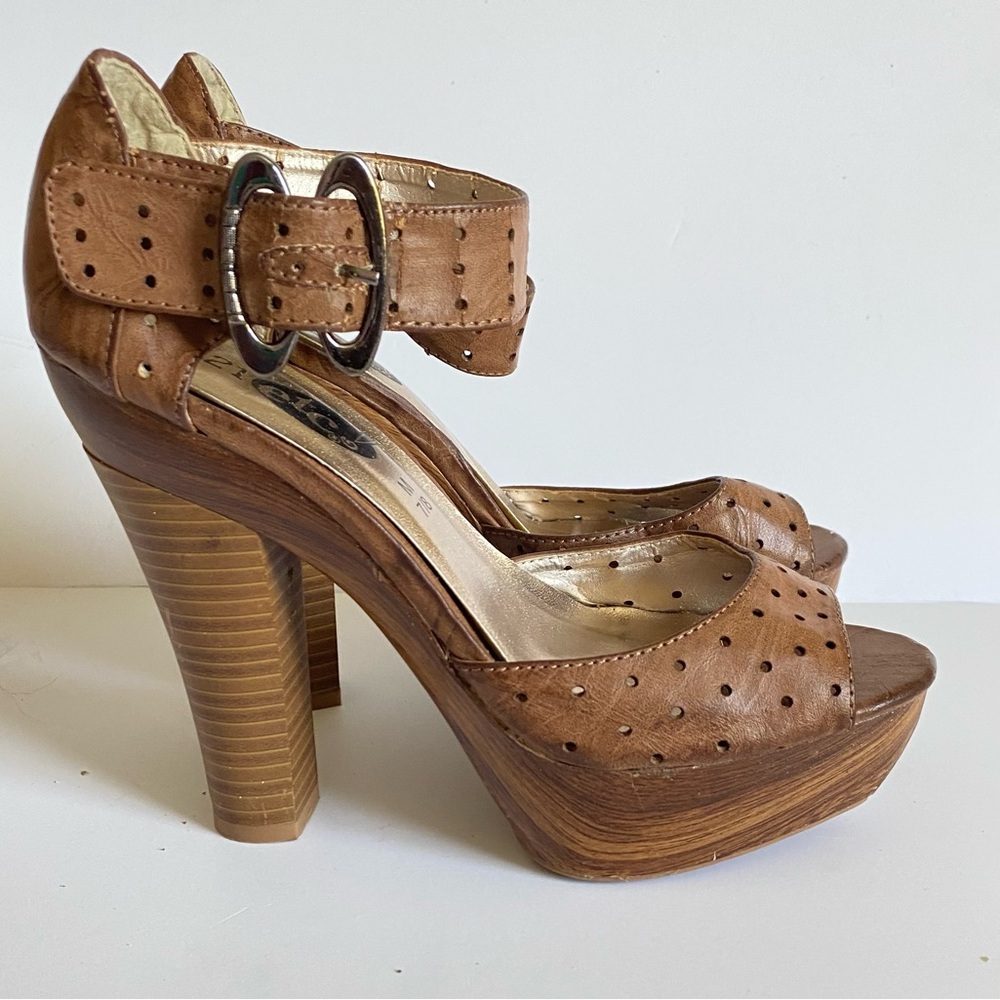 Y2K Platform Ankle Strap Brown Peep Toe Leather Wood High Heel Shoes 7